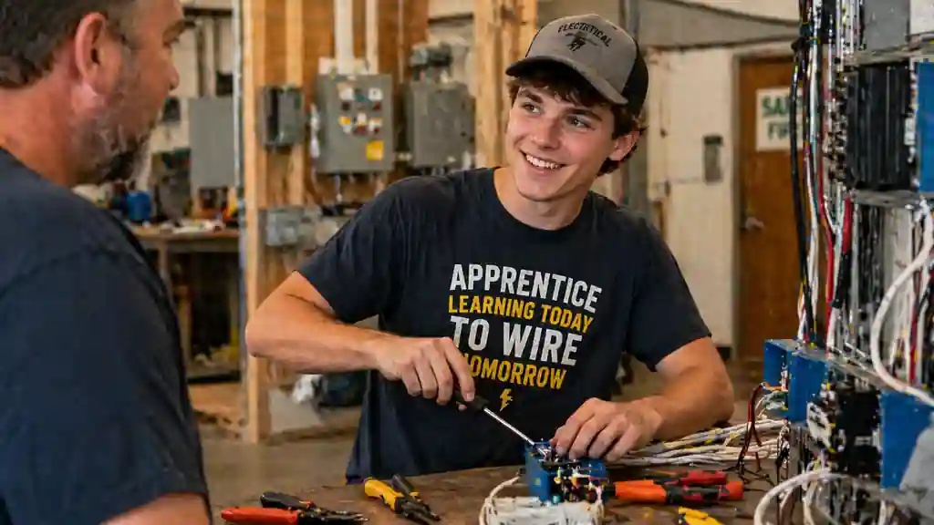 apprentice electrician learning in workshop with relaxed trade humor context