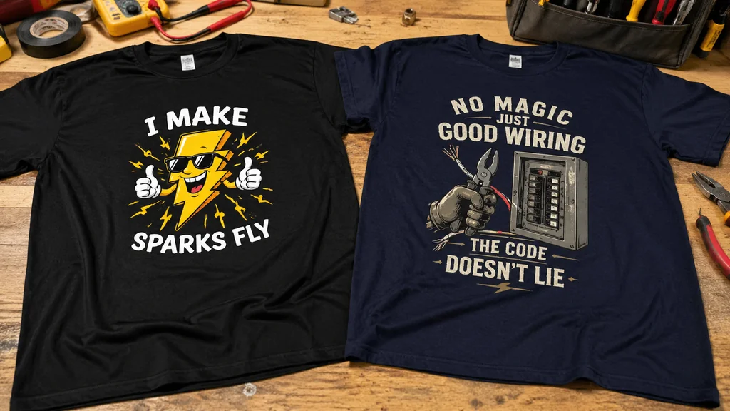 authentic electrician humor shirt compared with generic novelty shirt