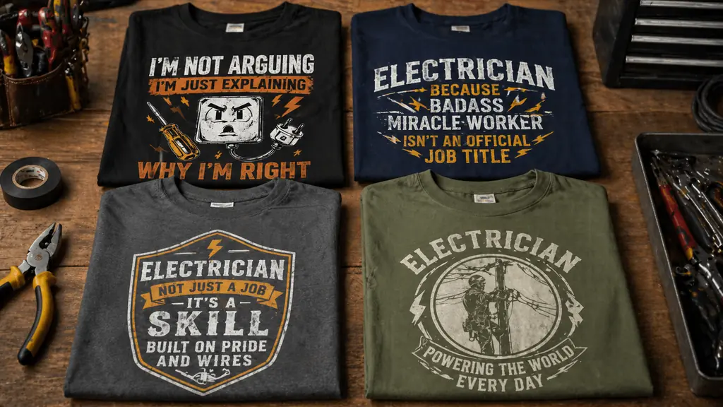 funny and serious electrician shirt styles displayed for choosing