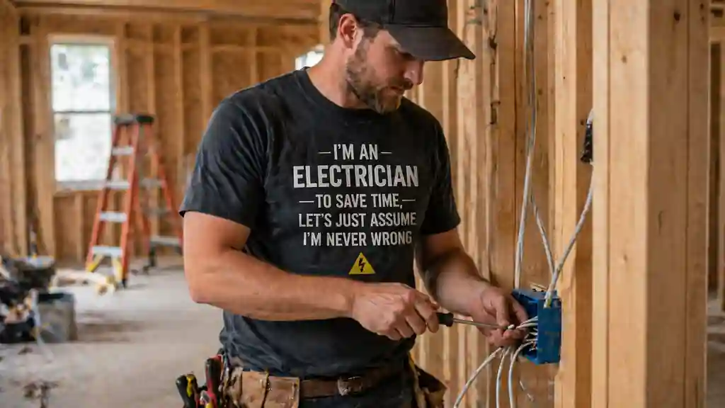 electrician wearing a funny shirt while working in a light jobsite environment