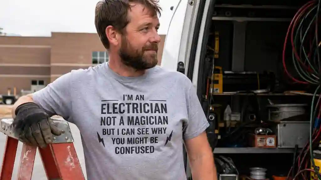 electrician wearing a funny shirt in a casual everyday setting
