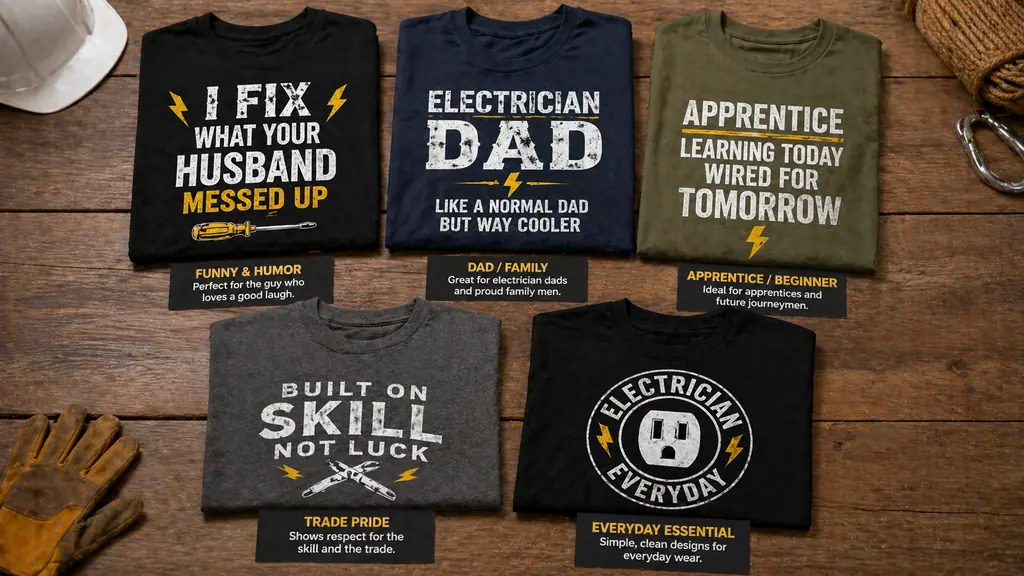 different electrician gift shirt options arranged by situation