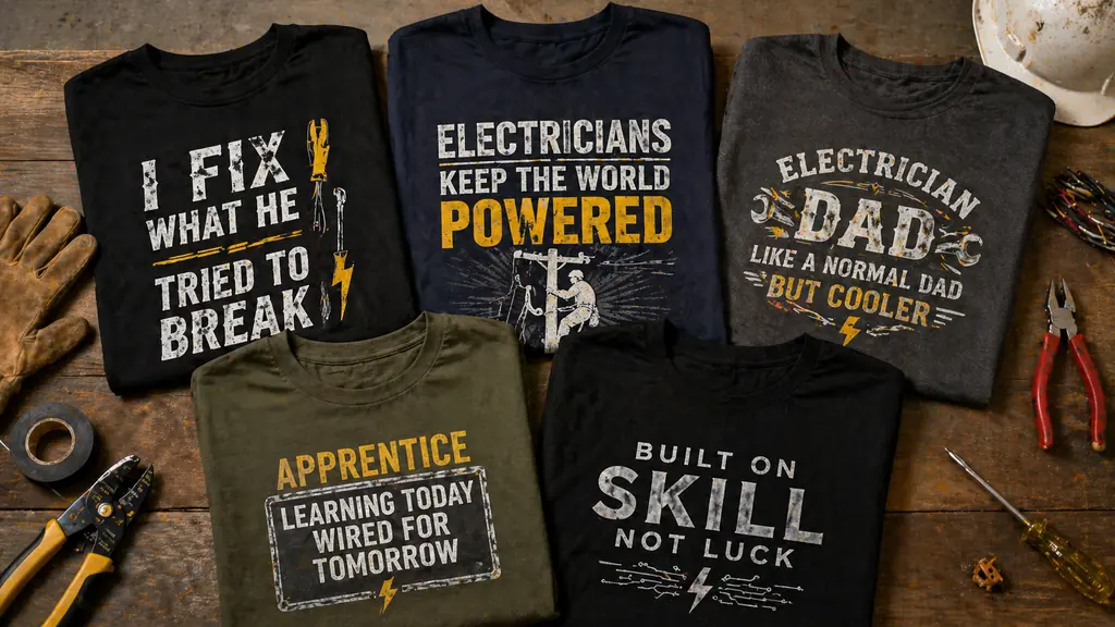 different electrician gift shirt styles arranged for comparison
