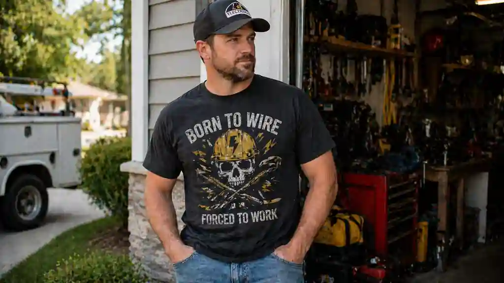 electrician graphic shirt worn casually off duty in realistic setting