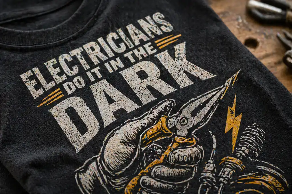 close up of electrician graphic shirt print with visible cotton texture