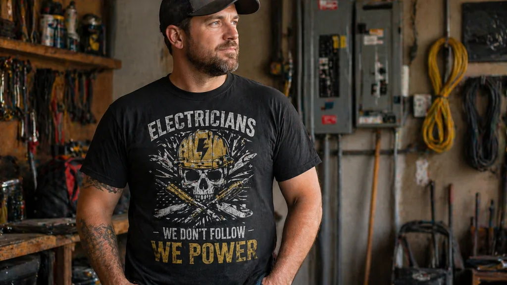electrician graphic shirts worn in realistic trade identity setting