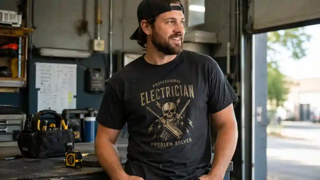 electrician graphic work shirt worn in realistic trade identity setting