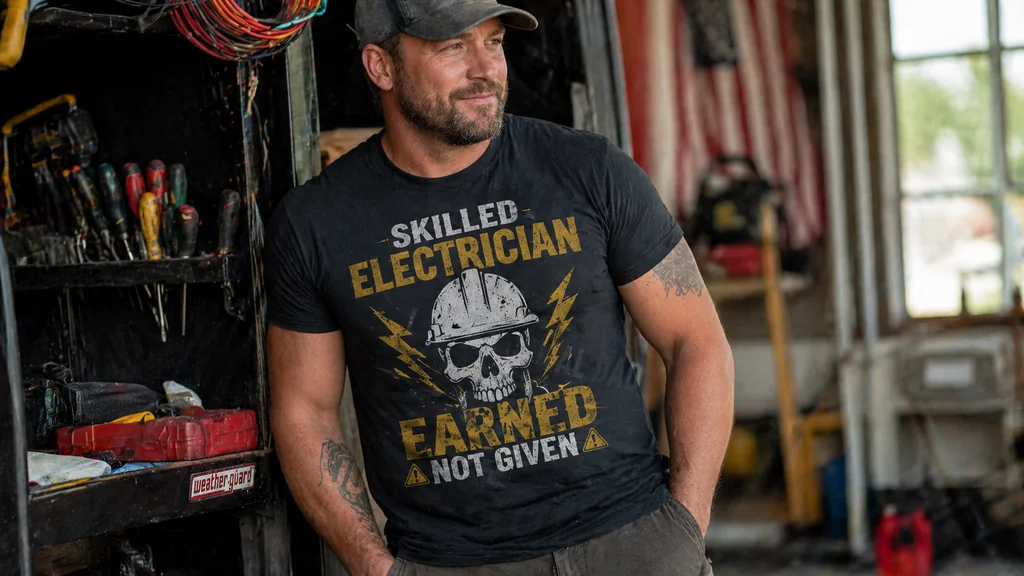 electrician wearing graphic work shirt in realistic casual trade setting