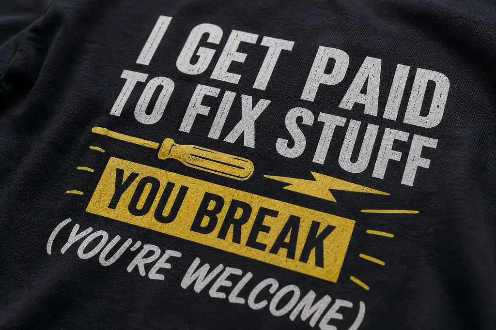 close up of electrician joke shirt print with clear bold text