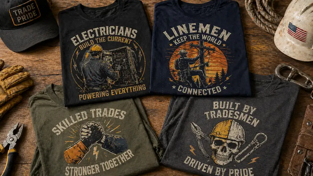 electrician and lineman shirts showing shared trade pride