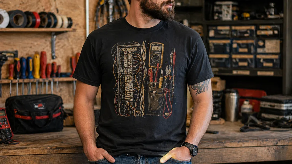 electrician shirt design with trade identity details