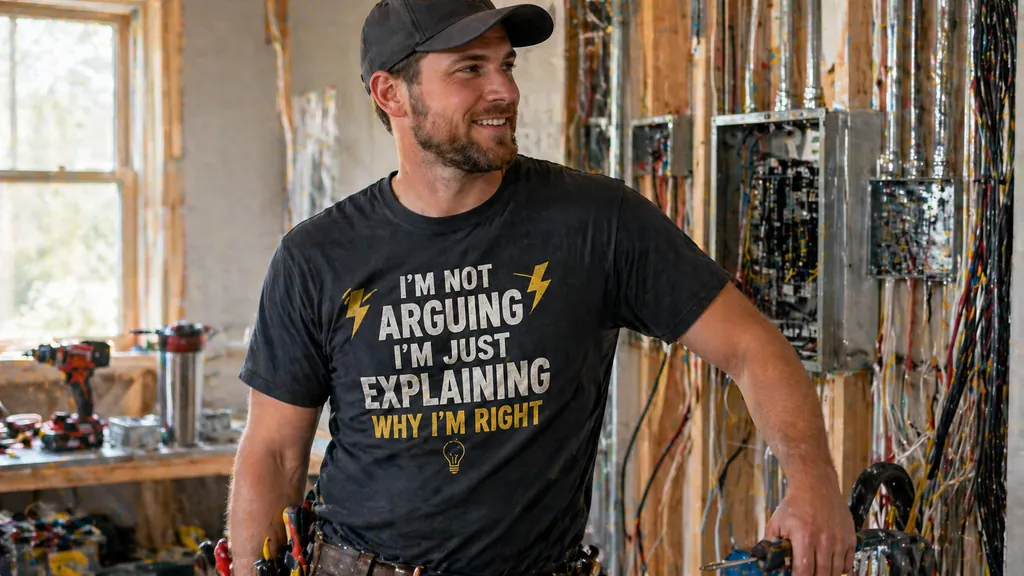 electrician in casual trade setting wearing humor shirt