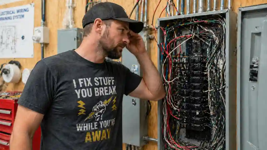 electrician reviewing wiring problem in realistic workshop setting