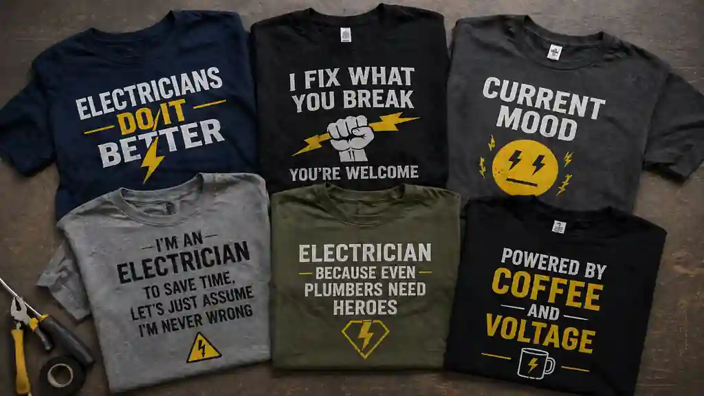 funny electrician shirts with different humorous designs displayed together