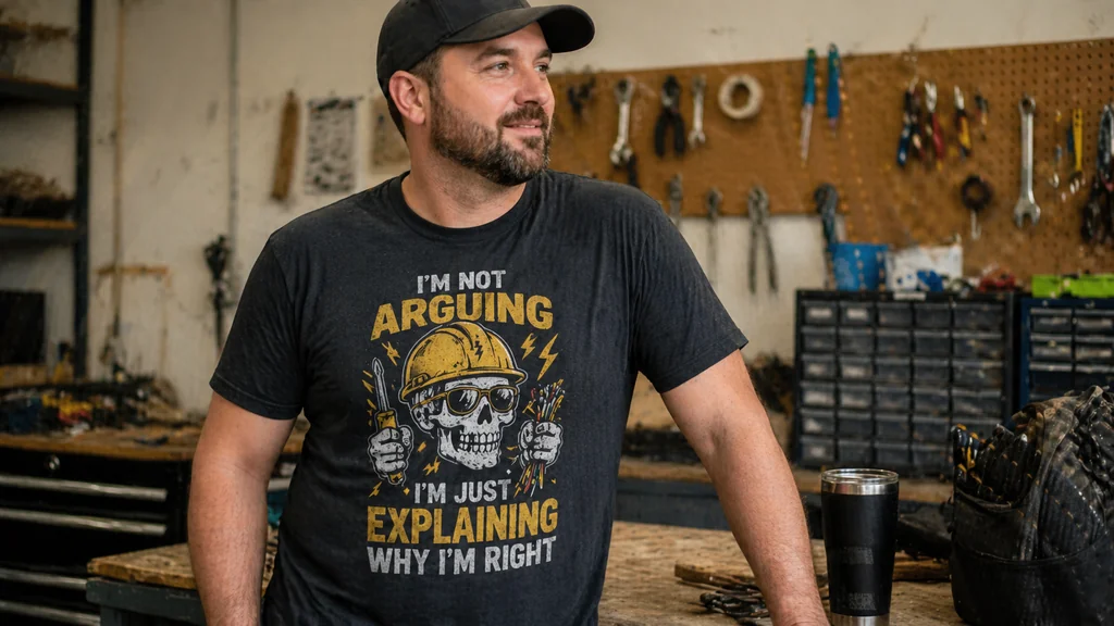 funny electrician graphic shirt worn casually in workshop setting