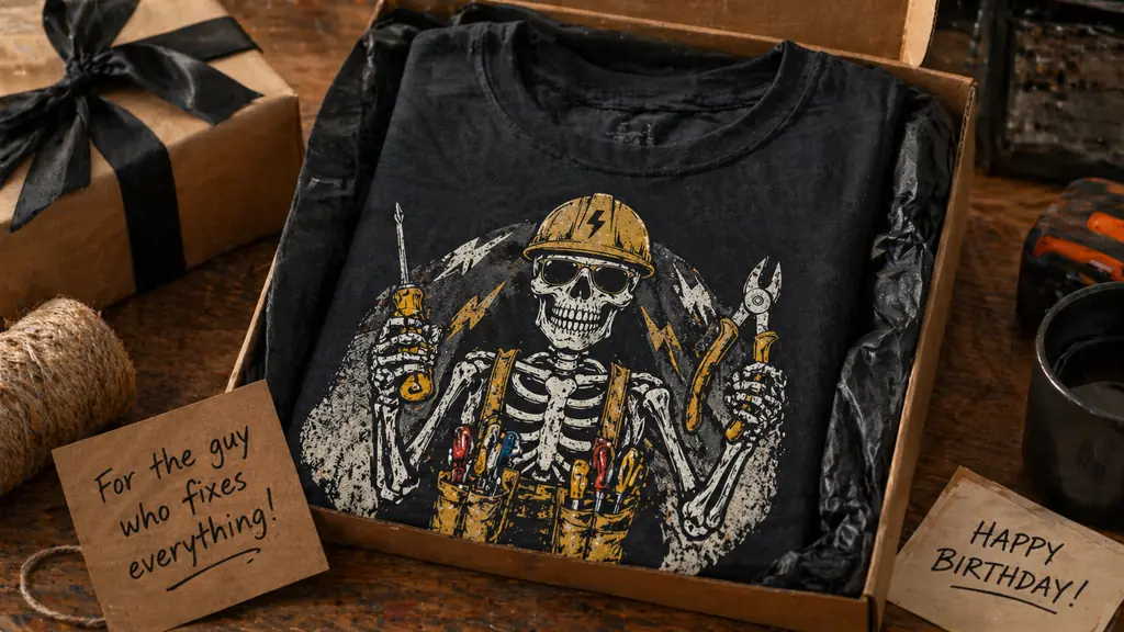 funny electrician shirt gift idea shown in casual gift setting