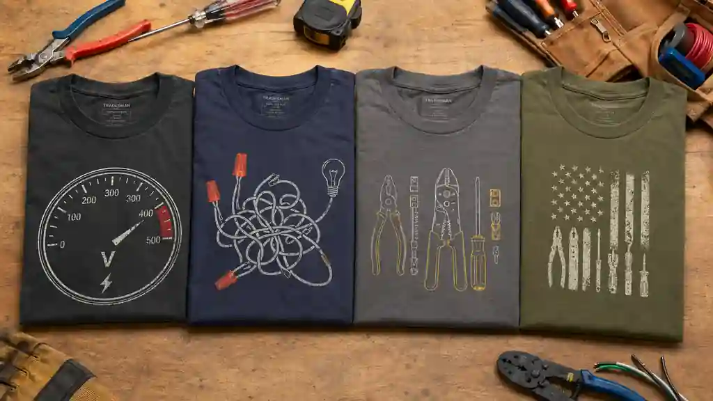 different funny electrician shirt idea types displayed side by side