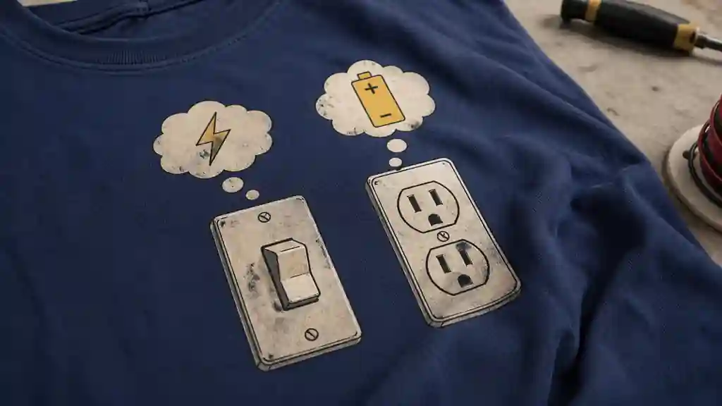 close up of funny electrician shirt print with cotton texture