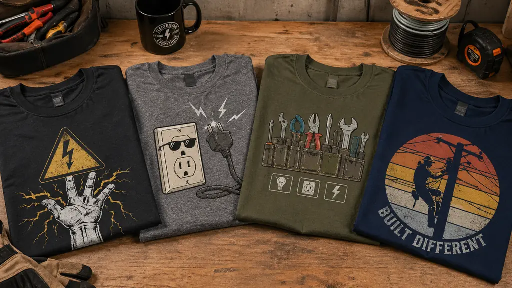 selection of funny electrician shirt styles displayed for choosing