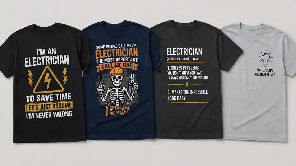 comparison of different funny electrician shirt styles side by side