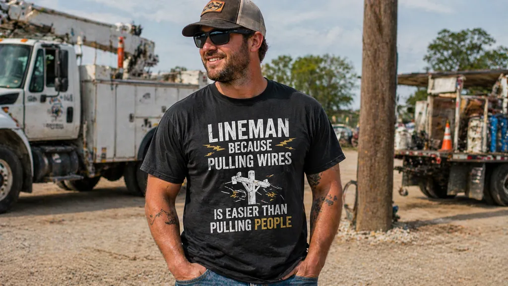 utility worker wearing a funny lineman shirt in relaxed outdoor setting