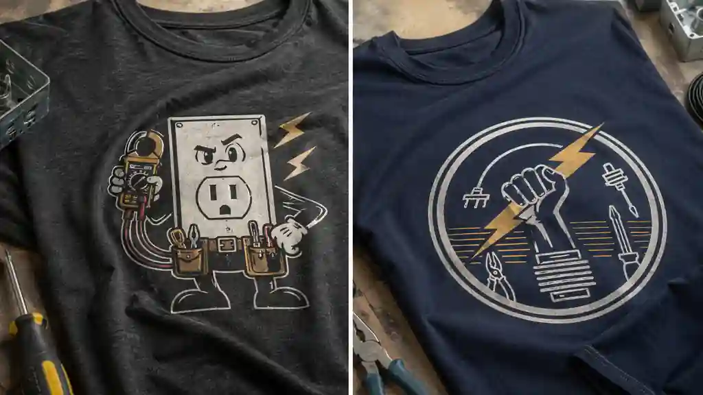 funny and serious electrician shirt design details compared close up