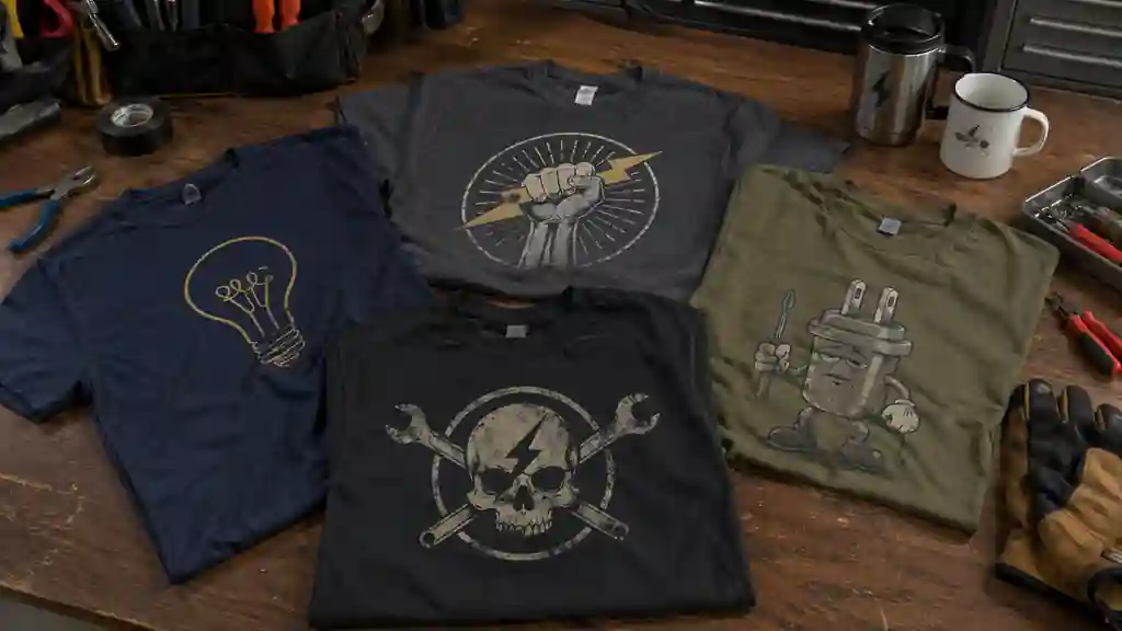 funny and serious electrician shirts showing shared trade identity