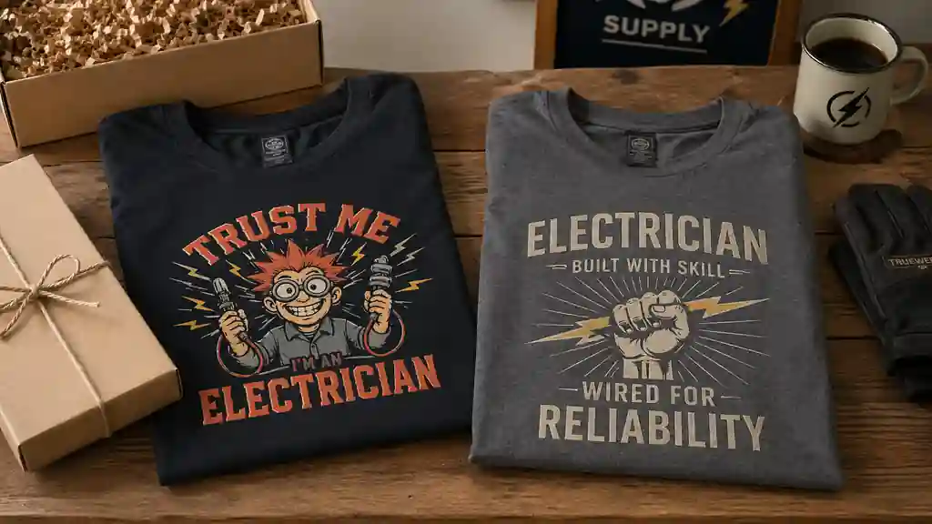 funny and serious electrician shirts shown as gift options