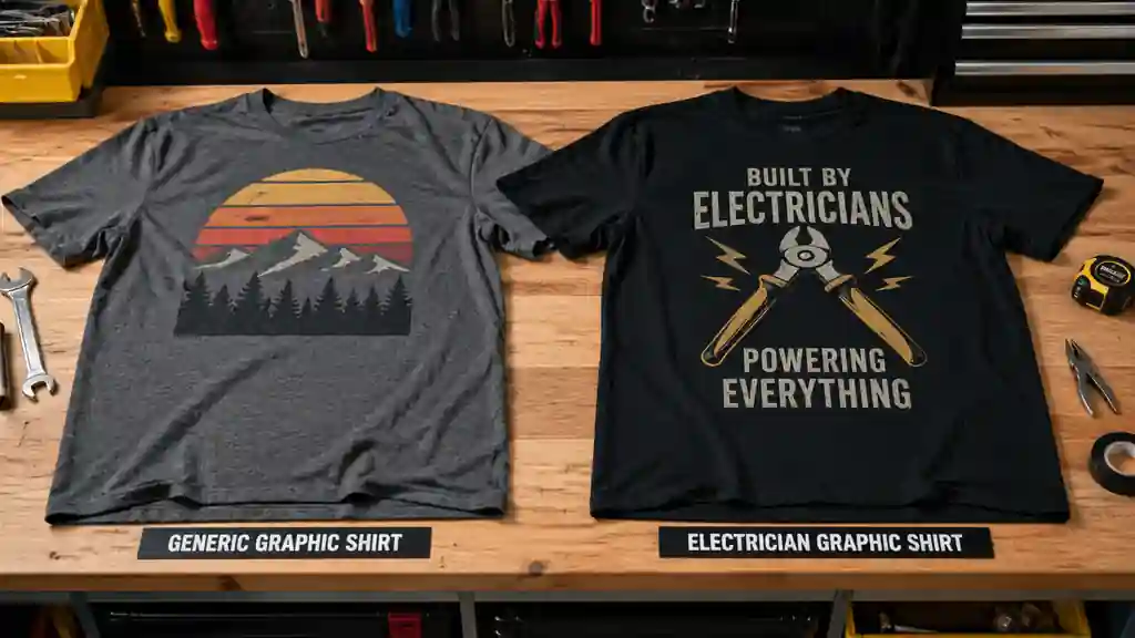 generic graphic shirt compared with electrician graphic shirt on workbench