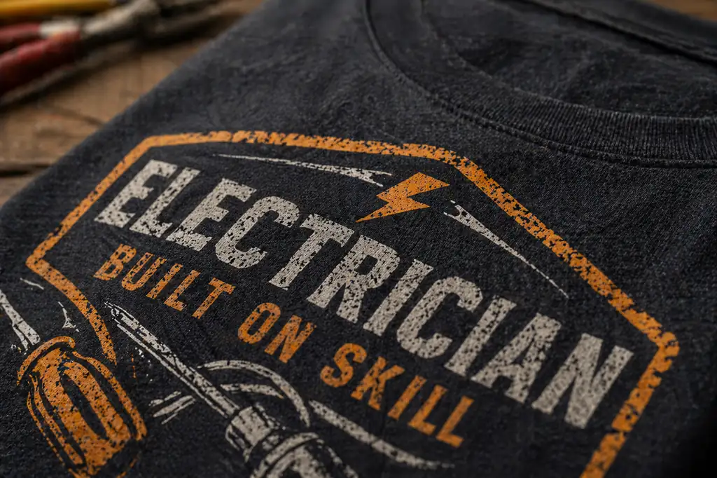 graphic work shirt trade identity detail with visible cotton texture