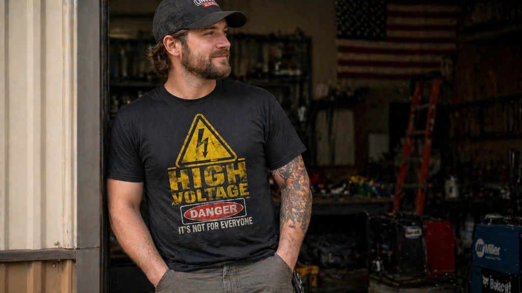 person wearing high voltage shirt casually in work adjacent setting