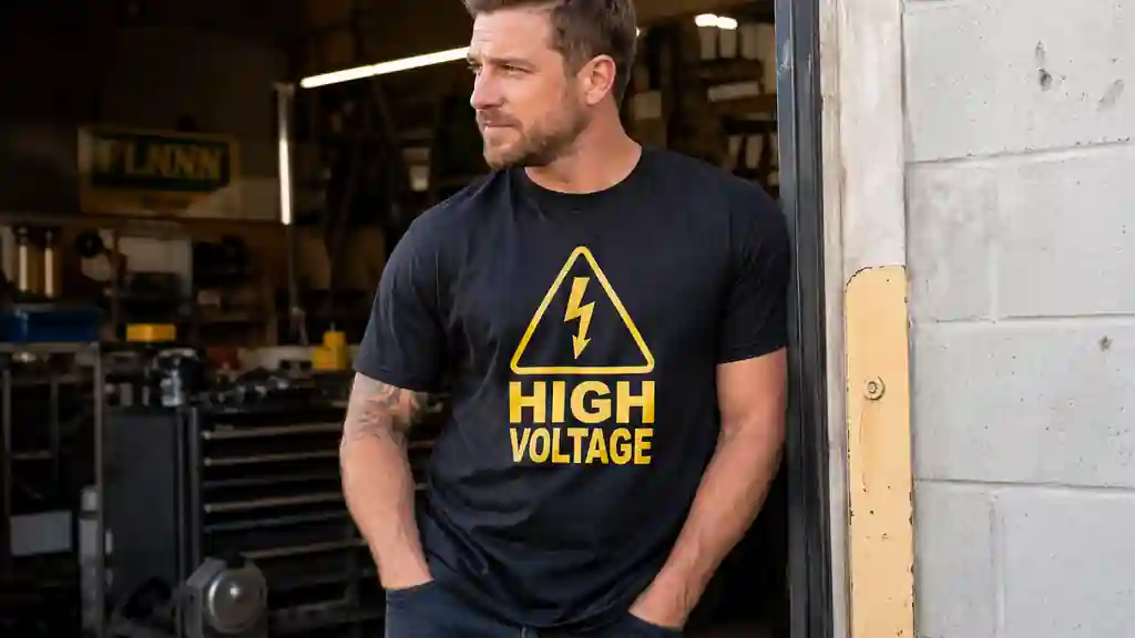 high voltage shirt worn casually in trade inspired setting
