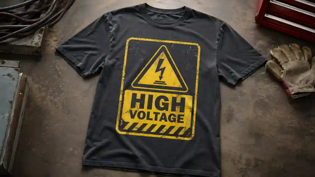 high voltage shirt design with warning inspired graphic style