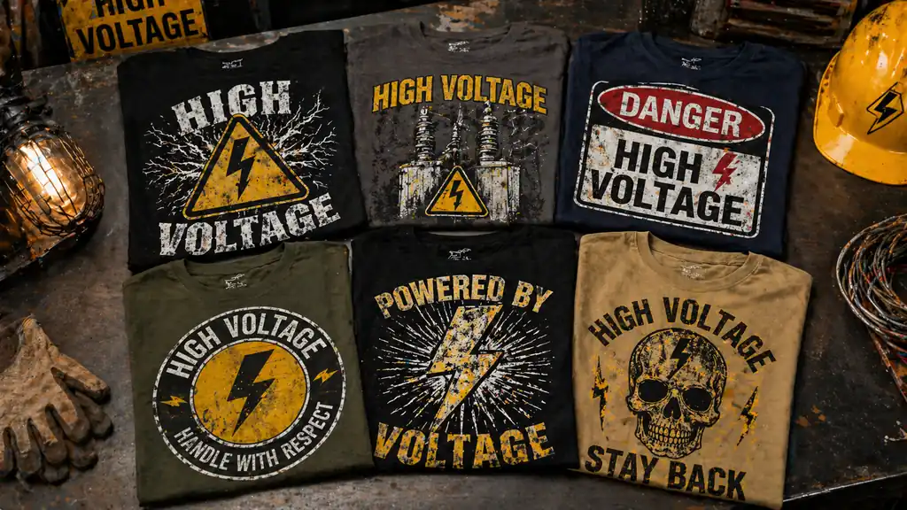 high voltage shirt designs displayed in bold trade inspired setting