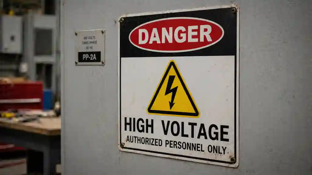 high voltage warning symbol shown in realistic industrial setting
