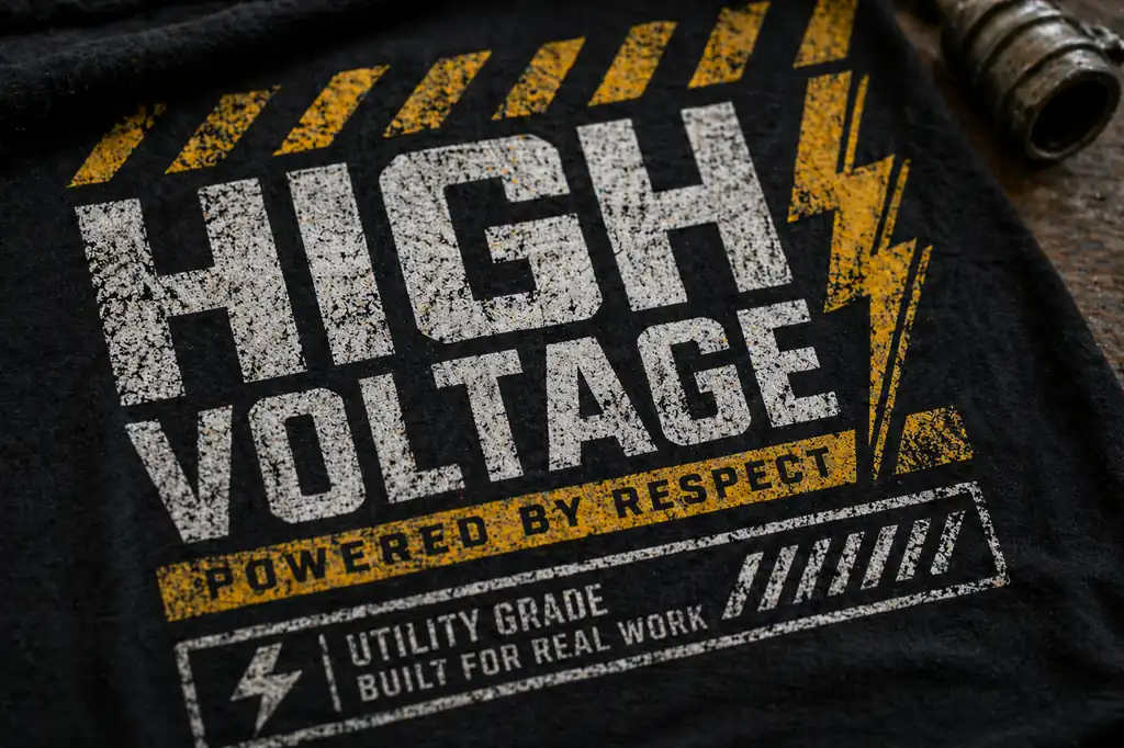industrial high voltage shirt typography detail with bold graphic layout