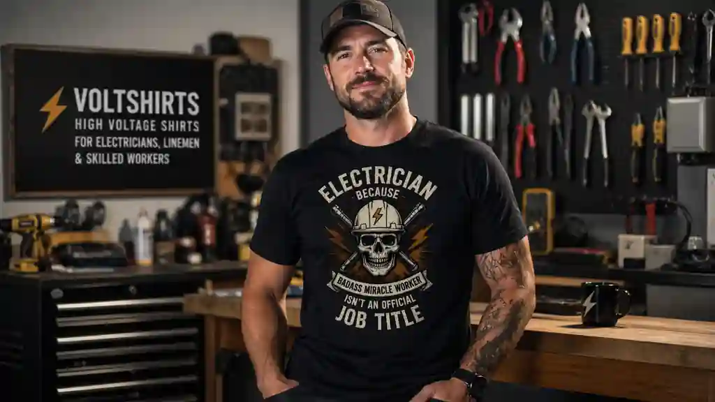 journeyman electrician wearing trade shirt in realistic work setting