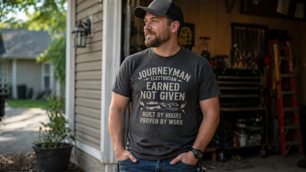 journeyman electrician wearing trade shirt casually after work