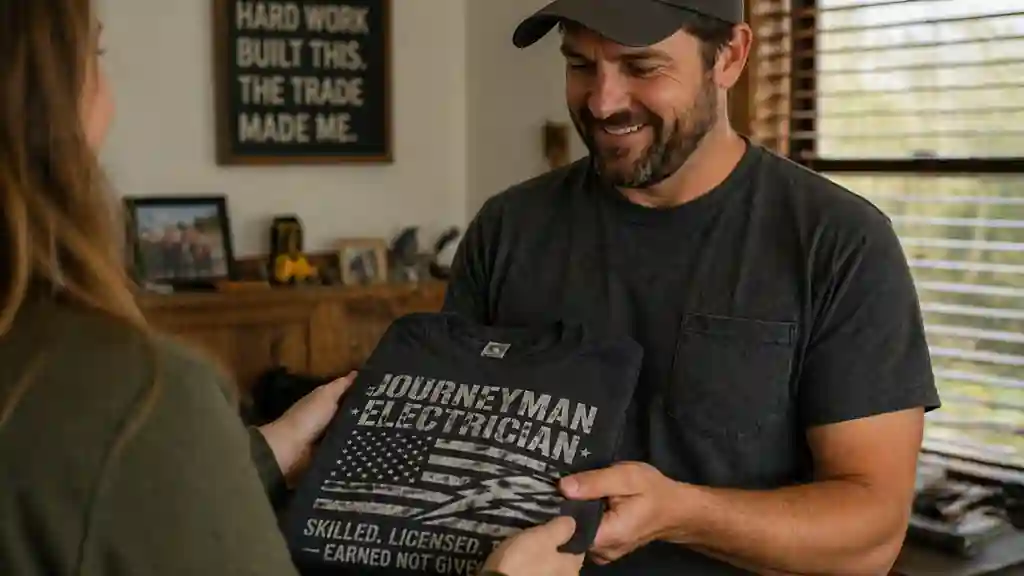 journeyman electrician shirt given as recognition gift in casual setting