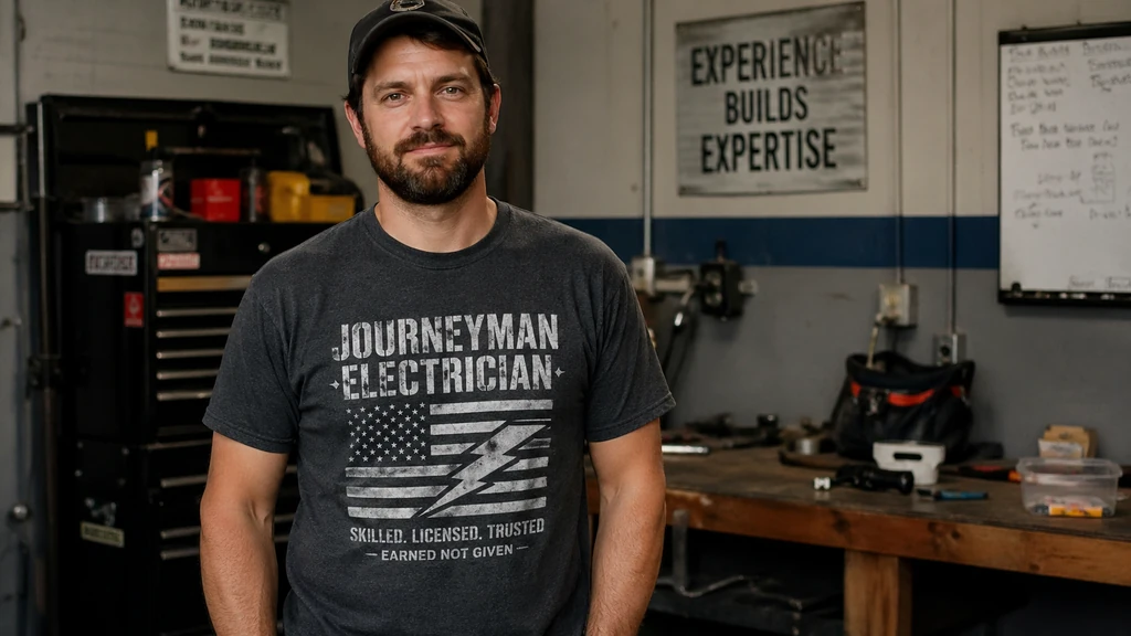 journeyman electrician in practical trade shirt standing in workshop