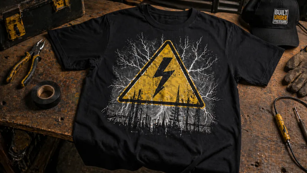 lightning electrical hazard shirt design in realistic workbench setting
