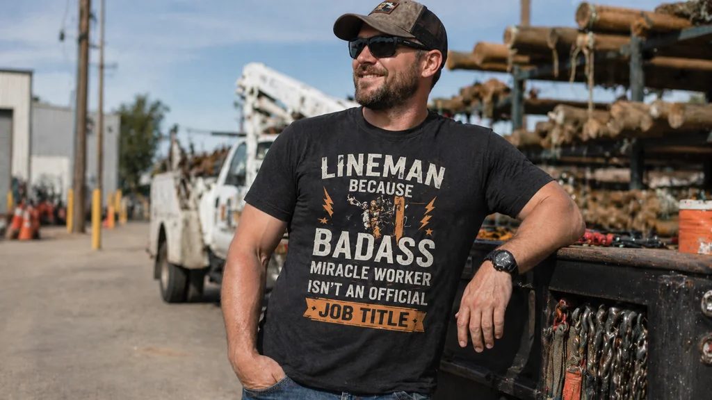 lineman wearing a funny shirt in a realistic casual trade setting