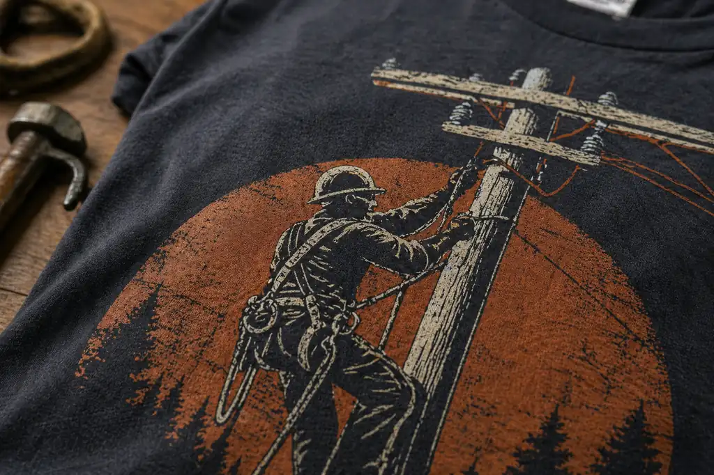lineman shirt print detail with visible cotton texture