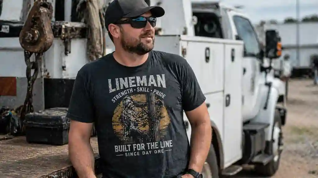 lineman trade culture shirt worn in realistic utility work setting
