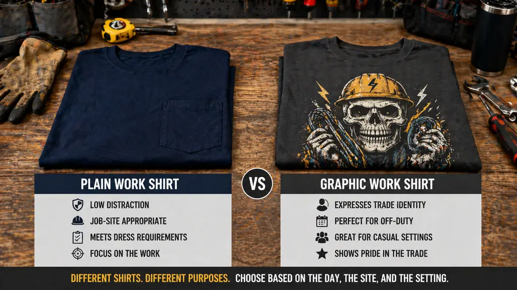 plain work shirt and graphic shirt compared for different use cases