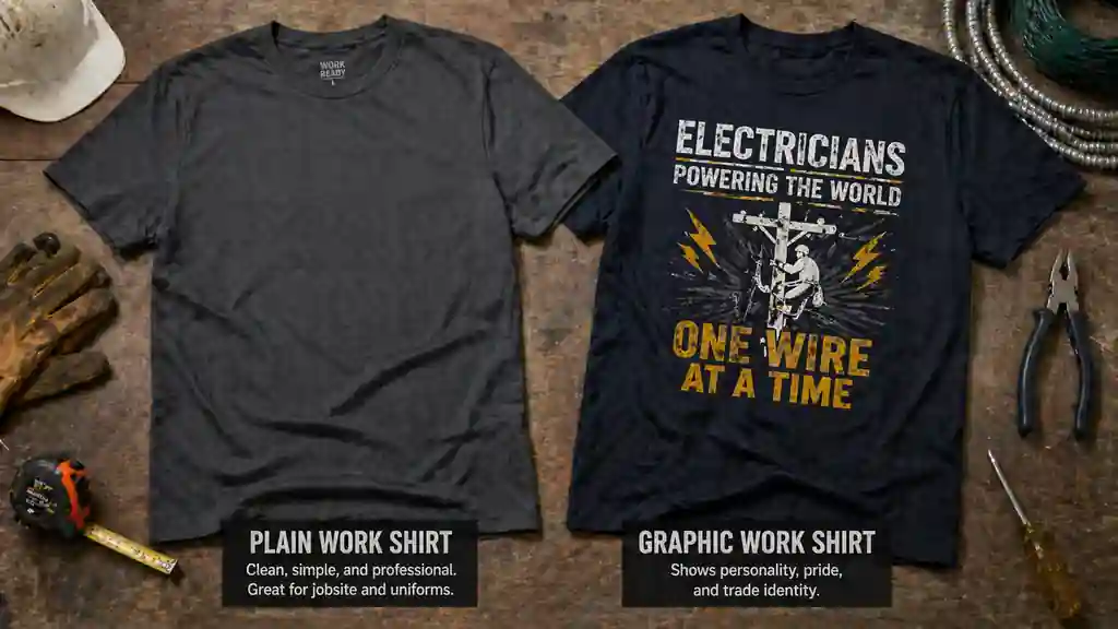 plain work shirt and graphic work shirt compared side by side