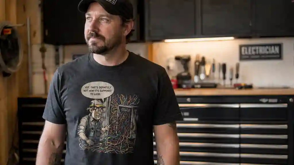 troubleshooting humor electrician shirt worn in realistic trade setting