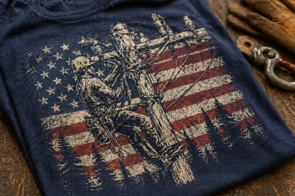 vintage patriotic lineman shirt detail with work pride graphic