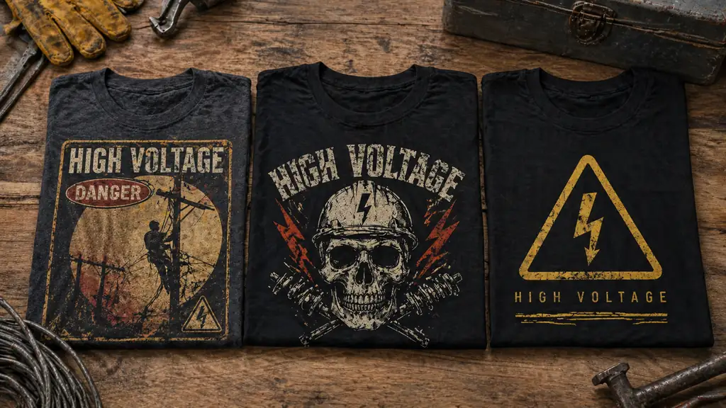 vintage skull and minimal high voltage shirt styles displayed together