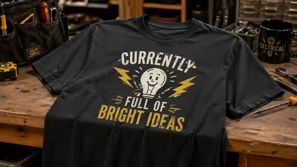 voltage humor electrician shirt idea in realistic workshop setting
